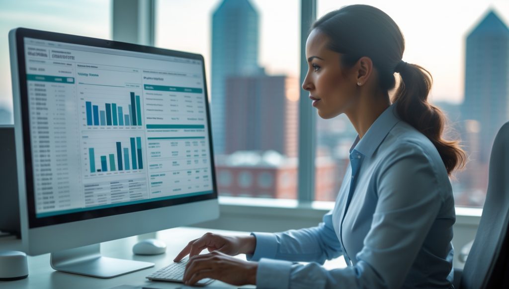 Medical billing specialist reviewing revenue cycle reports in a Maryland office with the Baltimore skyline visible through the window.