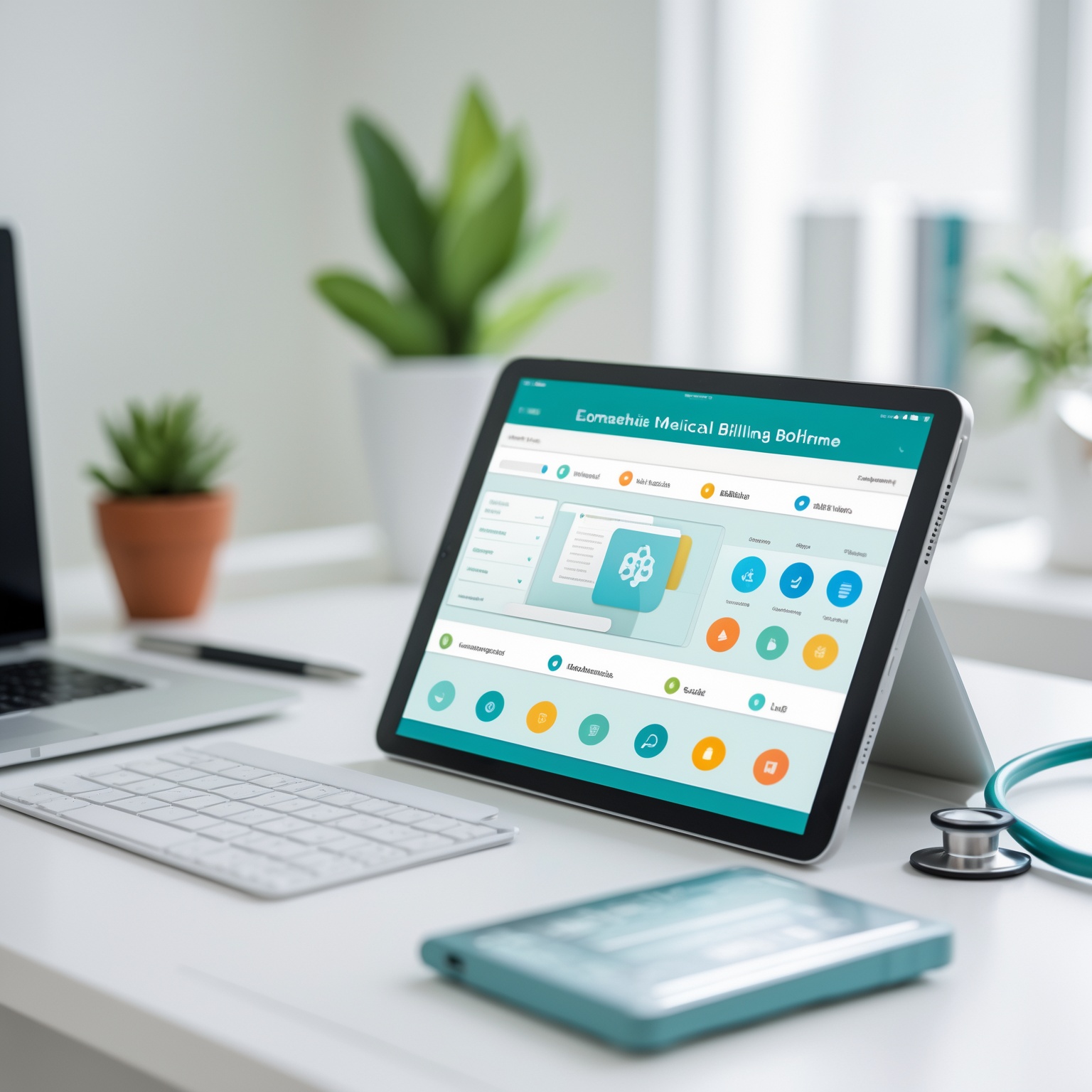 A tablet and laptop displaying a generic medical billing software interface on a clean healthcare office desk, illustrating software options for small Maryland practices.