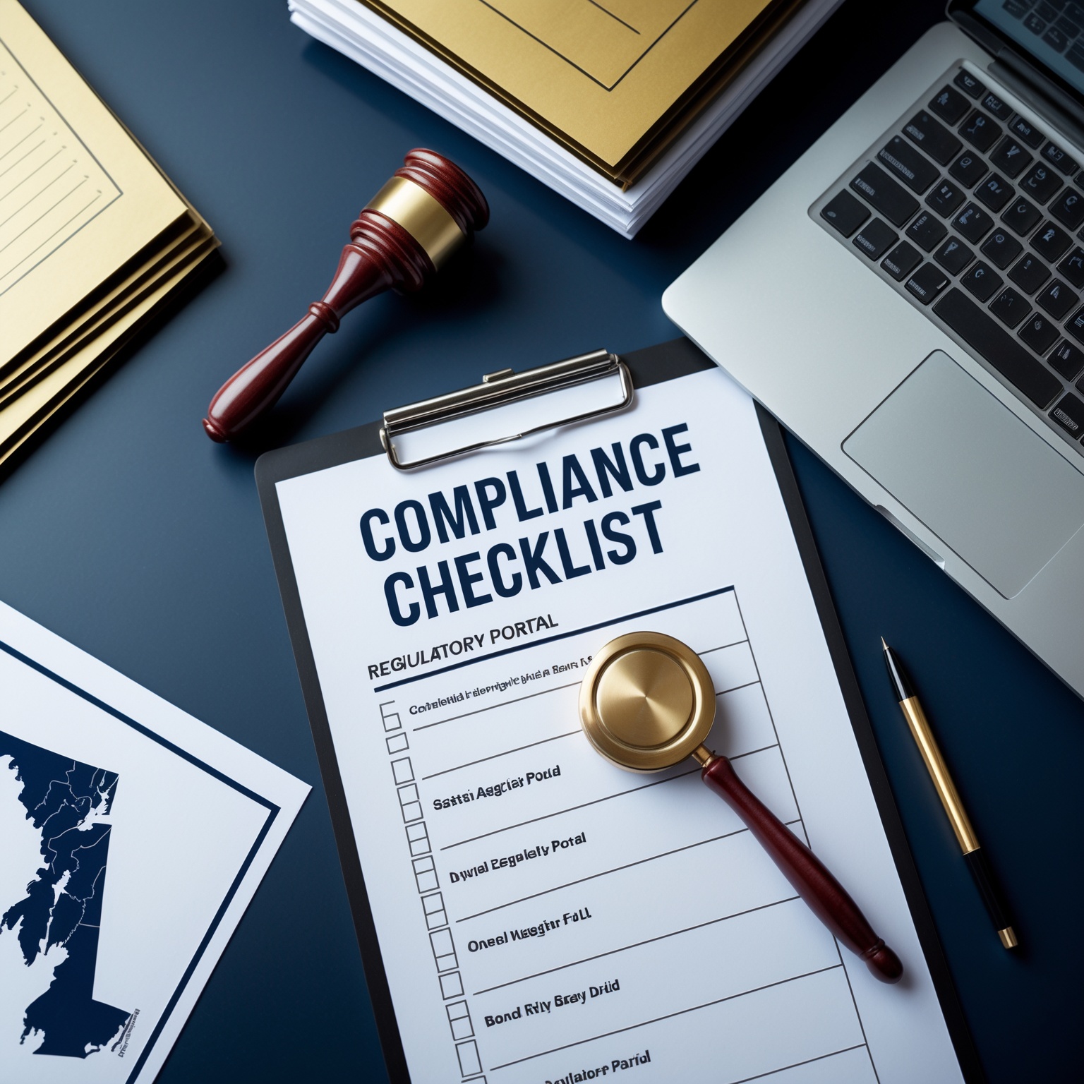 A compliance checklist, gavel, and regulatory documents on a desk representing Maryland medical billing compliance guidelines for healthcare practices.