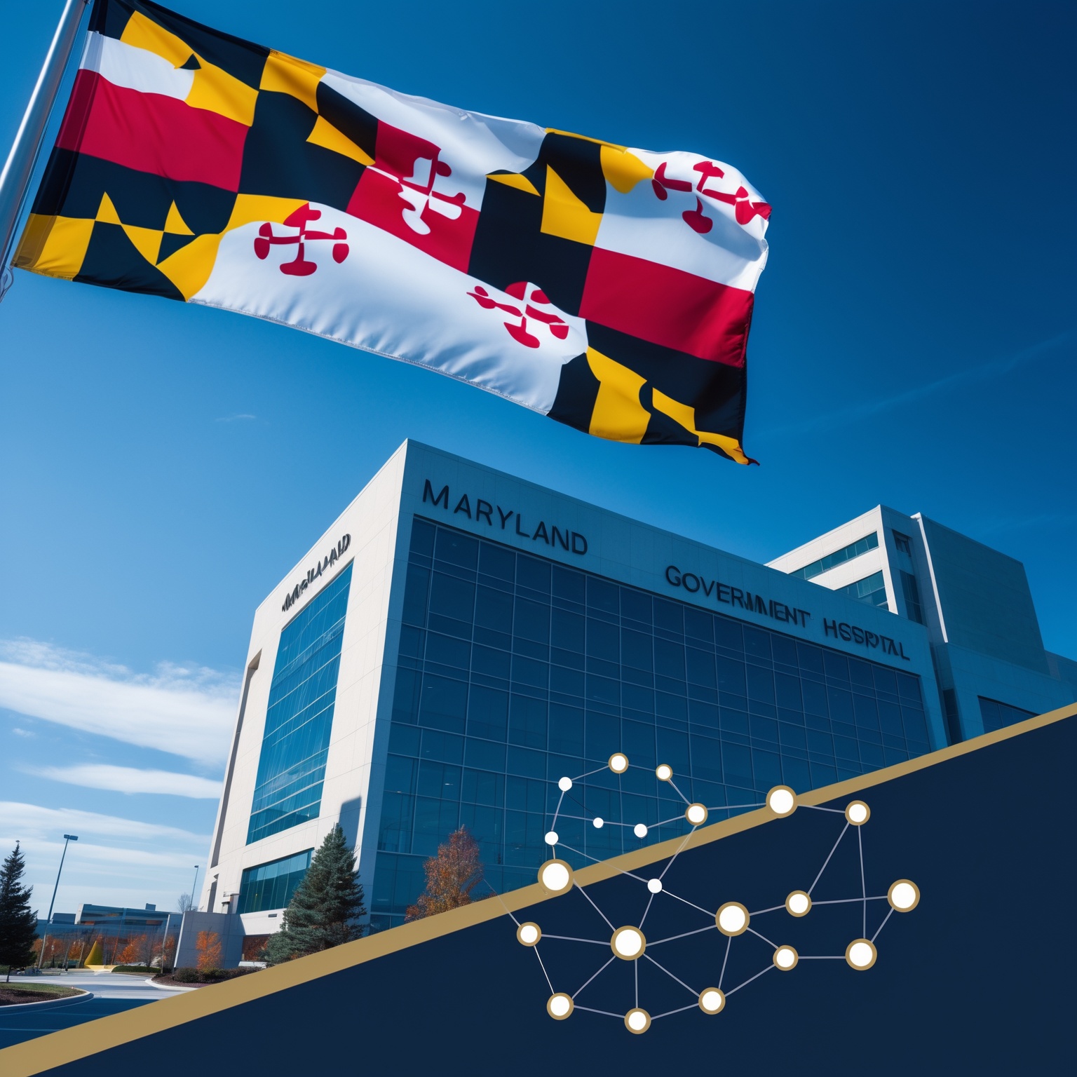 A Maryland administrative building with a payer network graphic overlay, representing the Health Services Cost Review Commission and its impact on the state's medical billing environment.