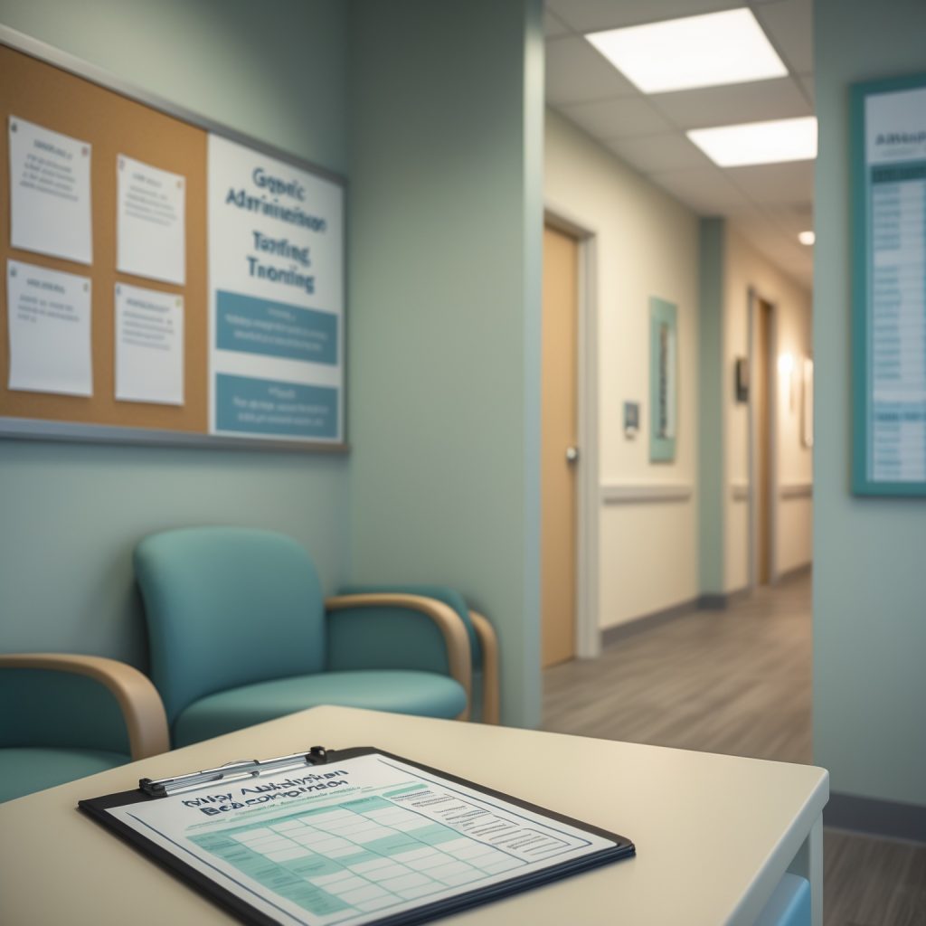 A behavioral health office administrative area with a prior authorization checklist and tracking calendar, representing Carelon ASO behavioral health billing in Maryland.