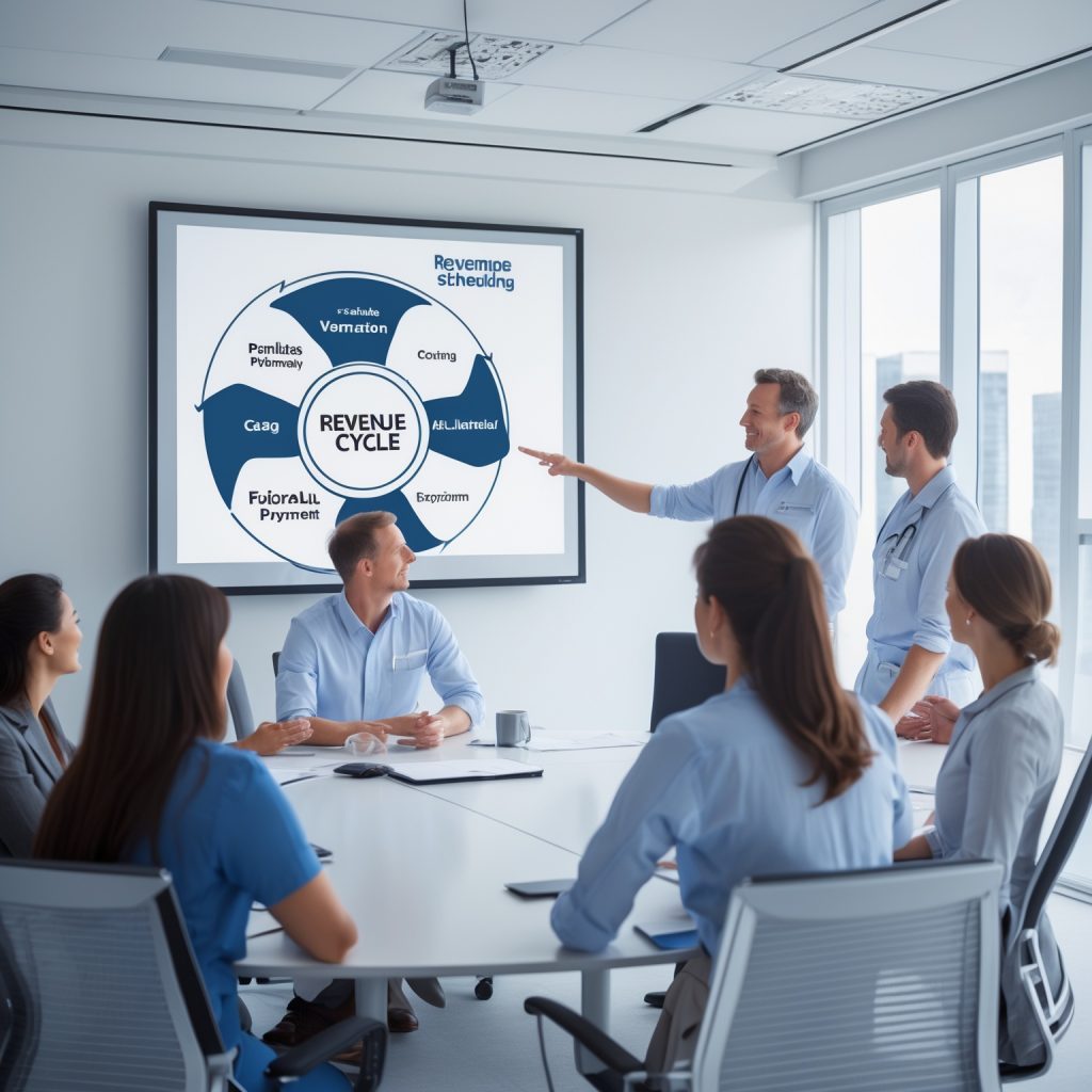 A healthcare team reviewing a revenue cycle management diagram showing all stages from scheduling to payment posting for a Maryland medical practice.