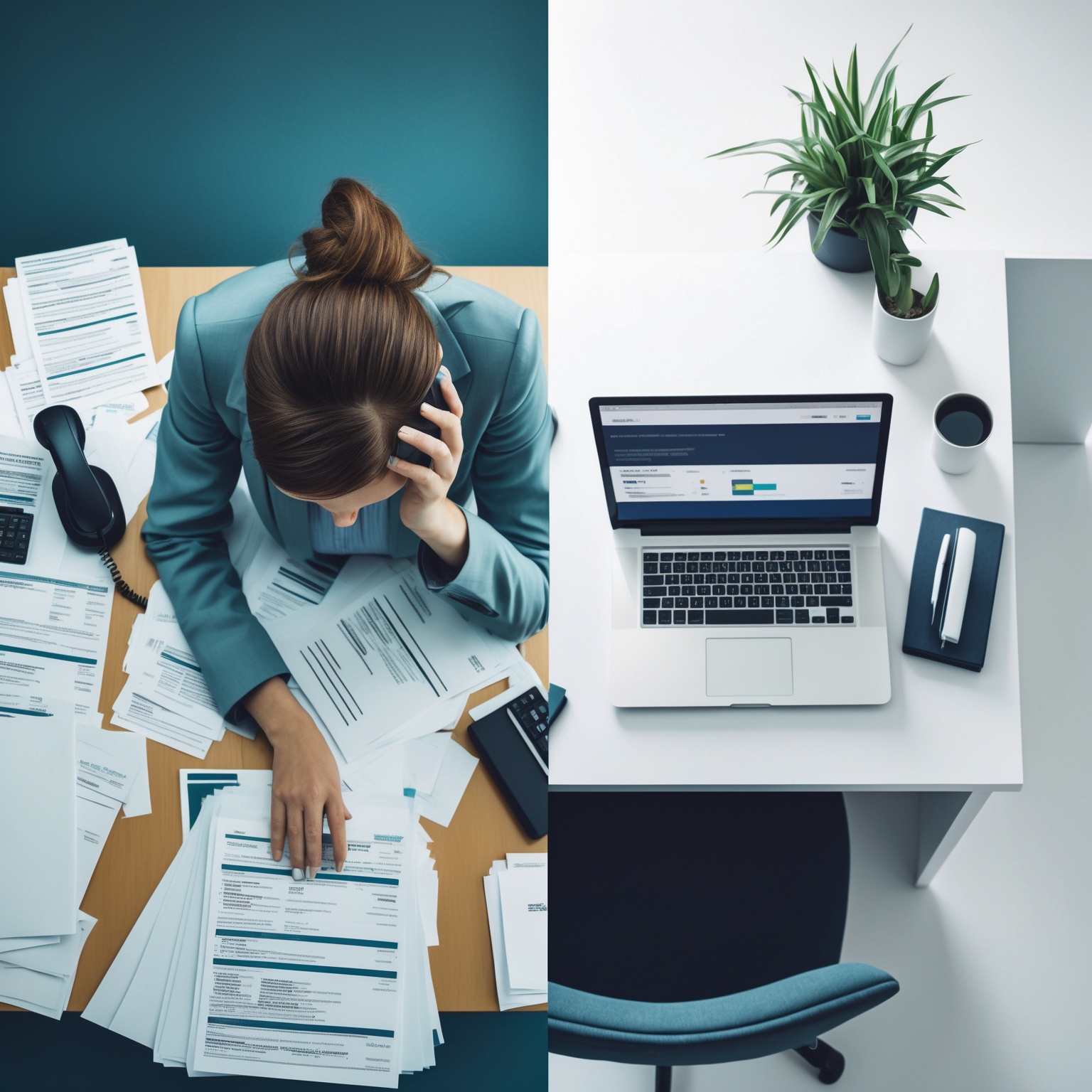 A split-scene image contrasting a cluttered in-house medical billing desk with an organized outsourced billing workspace, illustrating the benefits of outsourcing medical billing in Maryland.